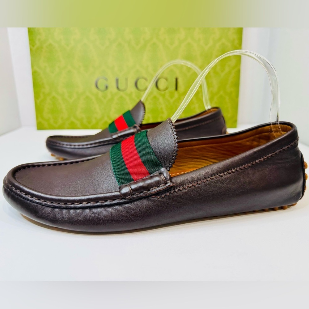 Men’s Gucci Web Accent Leather Drivers Moccasin Dark Brown Size 8.5 New no Box! - Picture 6 of 16